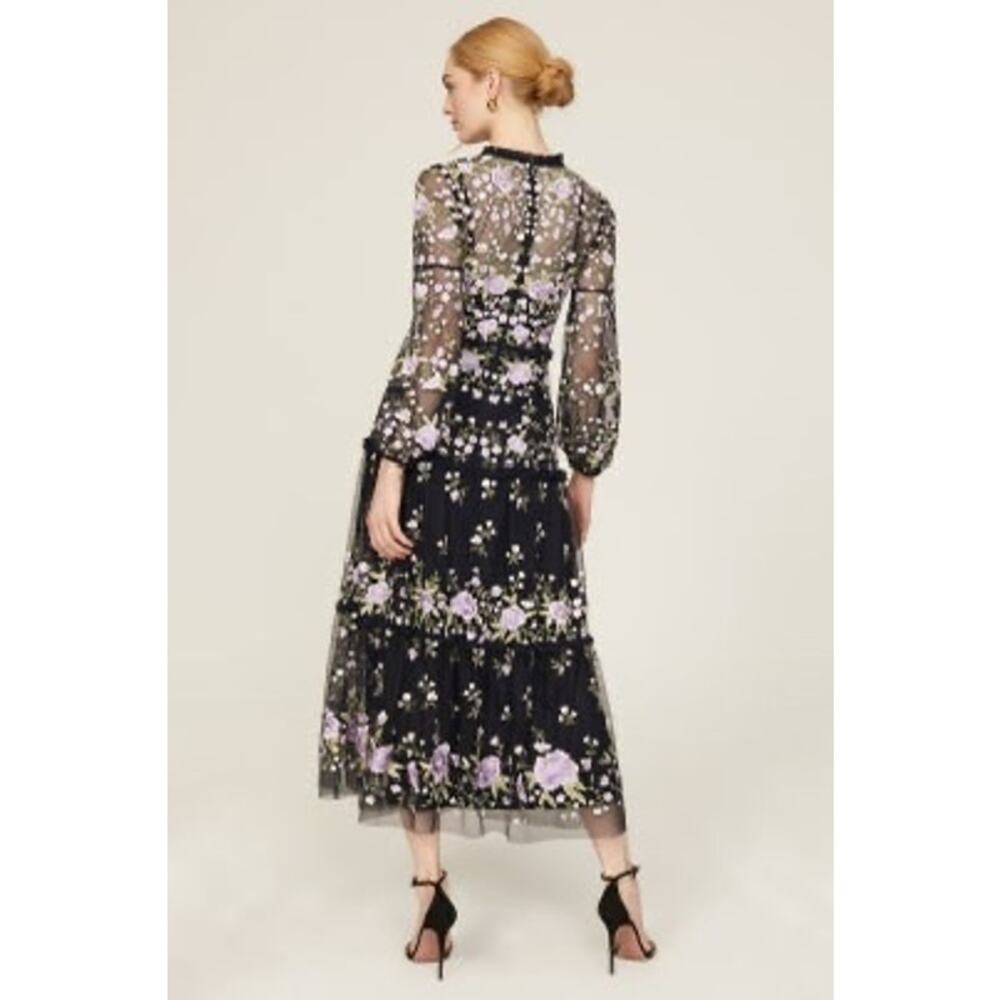 MAC DUGGAL Purple Embroidered Puff Sleeve Floral Tiered Dress Gown Size 6 - Picture 3 of 9